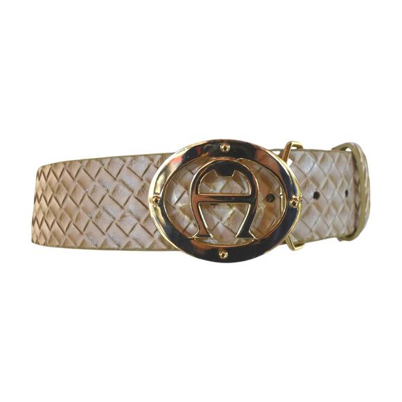 Etienne Aigner Accessories - Vintage 80s Etienne Aigner Leather Faux Snakeskin Horseshoe Insignia Buckle Belt